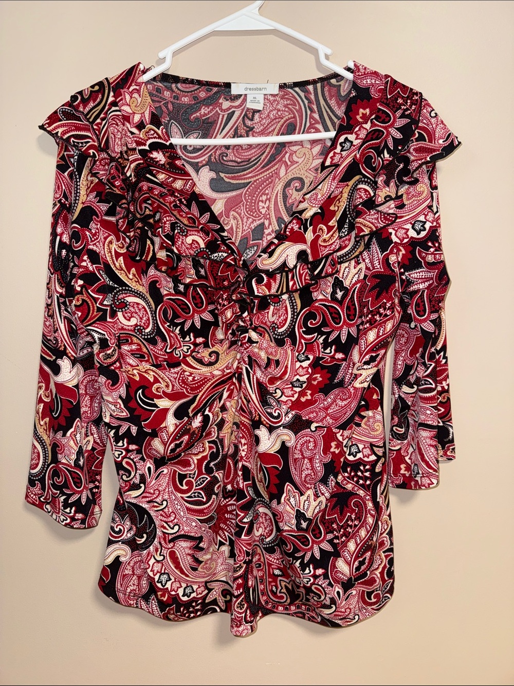croft & barrow Red Black Paisley Ruffle V-Neck Blouse
